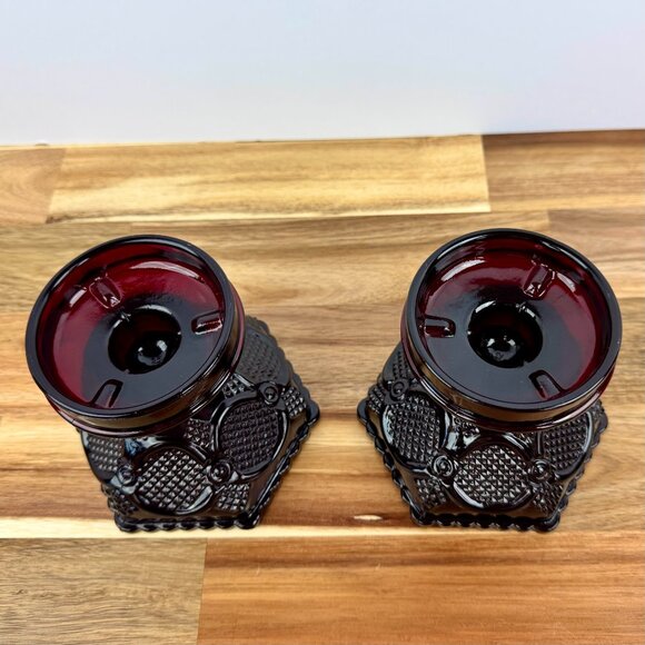 Vintage Avon Cape Cod Collection Ruby Pillar Candle Holders/Pedestal Candy Dish - Picture 2 of 5